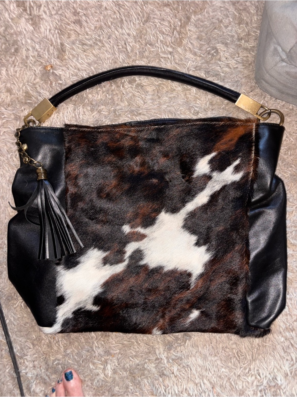 Leather & Cowhide Large Tote Handbag in Black and Brown